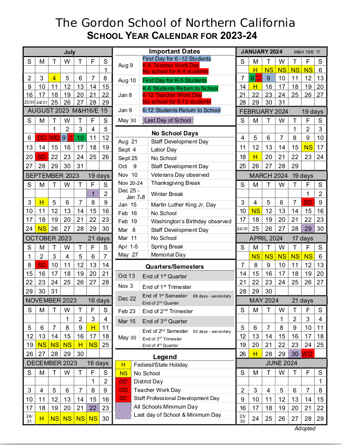 The Gordon School of Northern California Academic Calendar